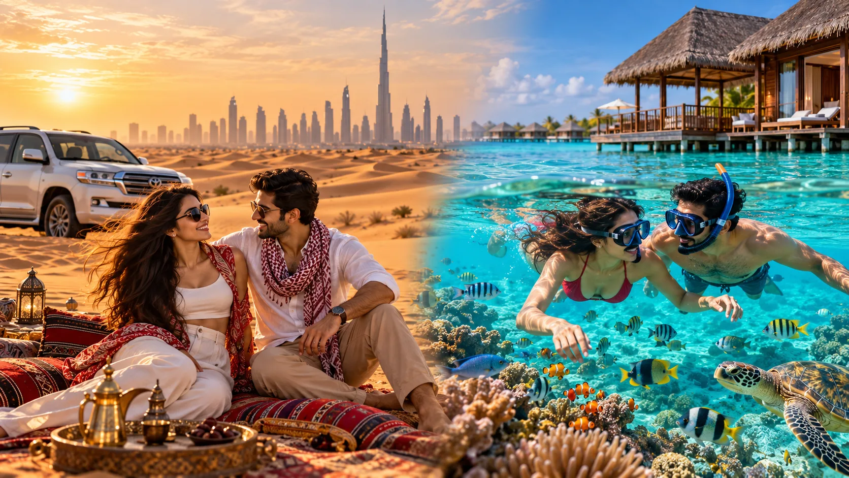 Dubai desert experience transitioning to Maldives overwater paradise for couples