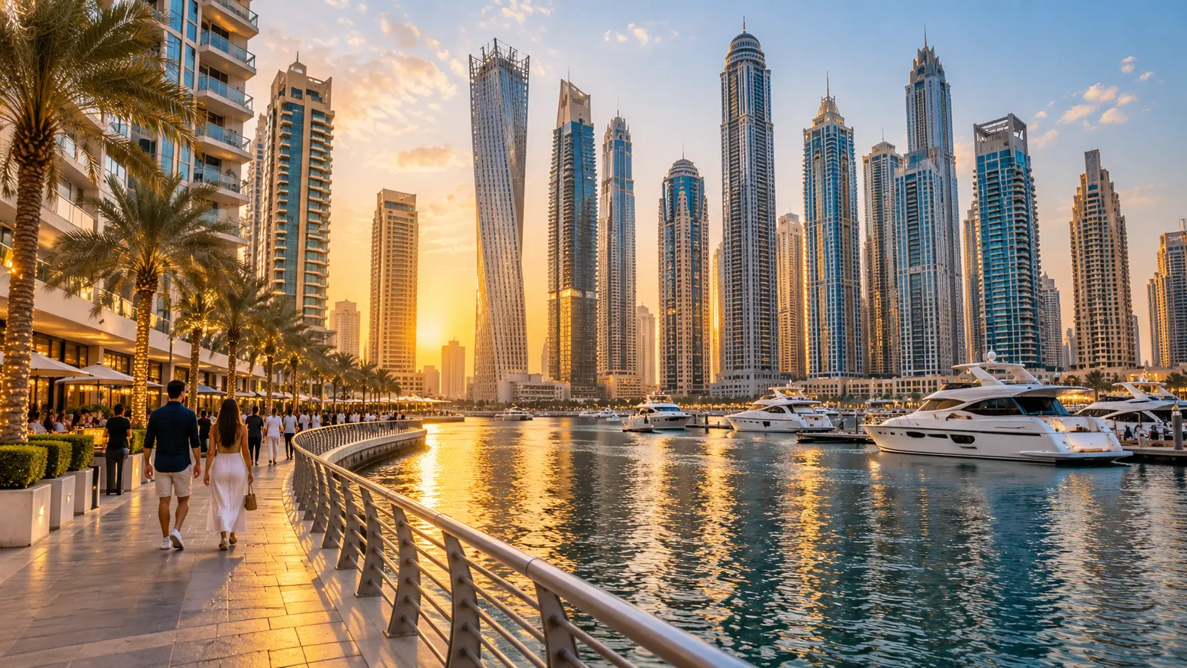 Dubai Marina sunset promenade for holiday travellers from Lucknow