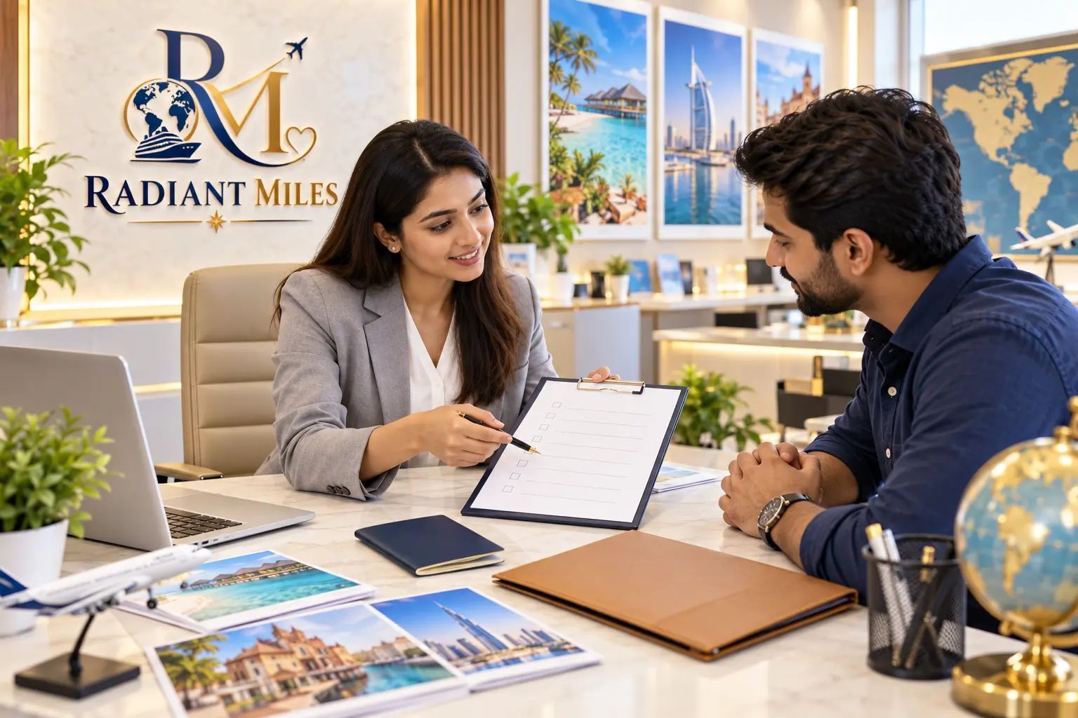 Radiant Miles travel consultation discussing visa and documentation for an international holiday