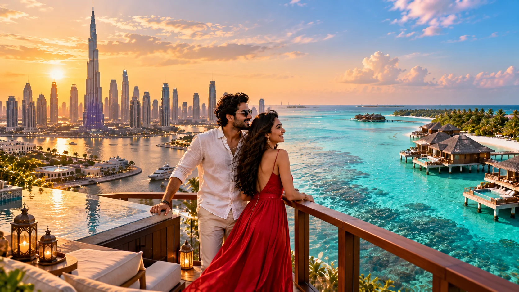 Sunset romance over Dubai skyline and Maldives lagoon for honeymoon couples
